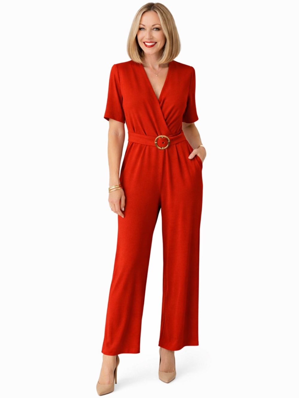 Burnt Red / Orange Belted V-Neck Jumpsuit